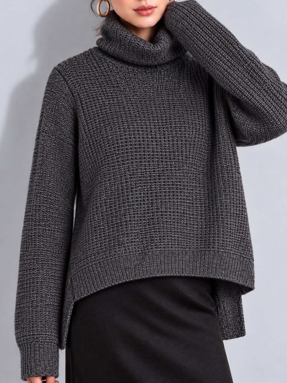 Anthropologie LINE Charcoal Grey Merino Wool Funnel Neck High-Low Sweater Size S